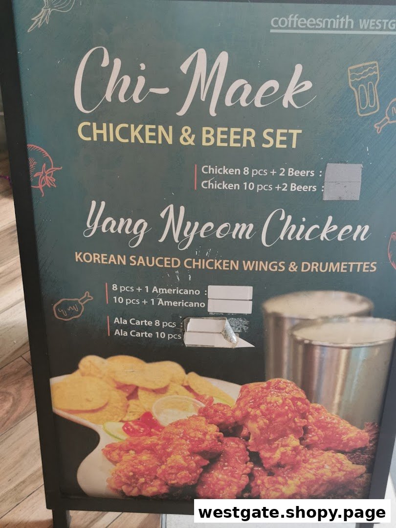 A menu board displaying Korean fried chicken and beer sets from Coffeesmith.