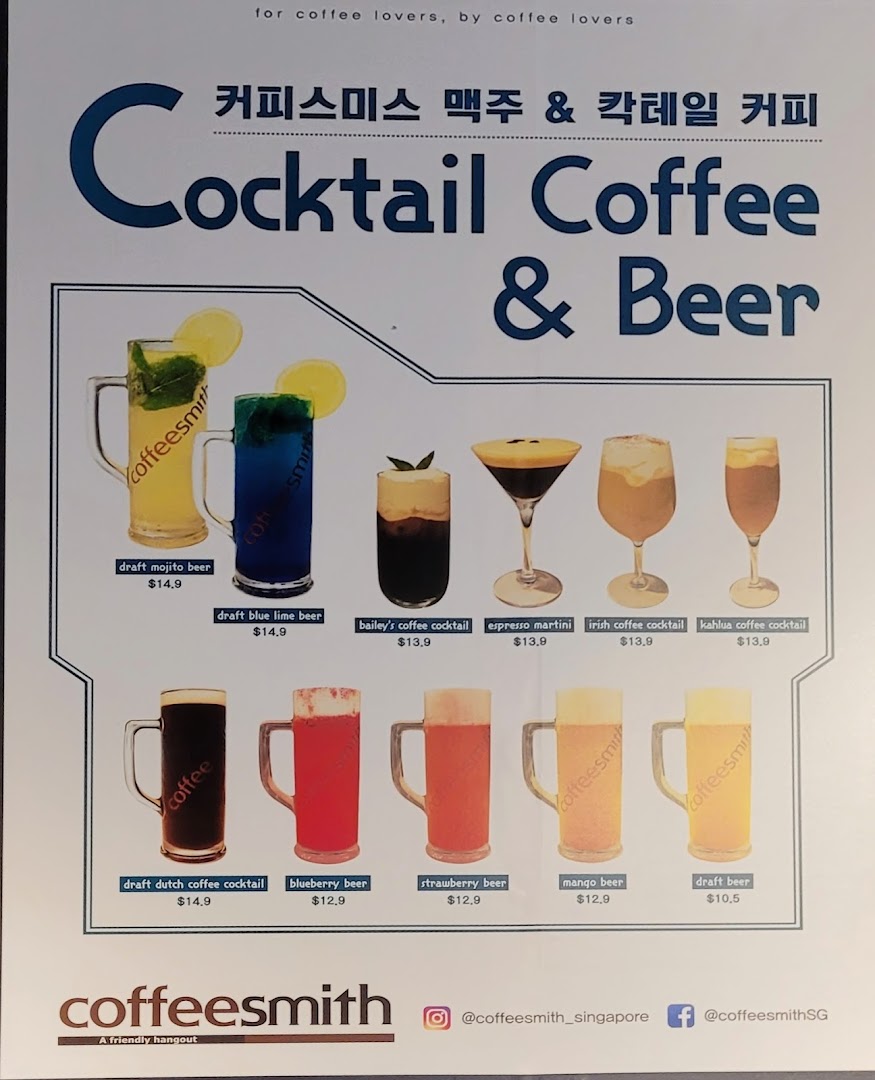 A vibrant menu board from Coffeesmith showcasing their unique cocktail coffee and beer selections.