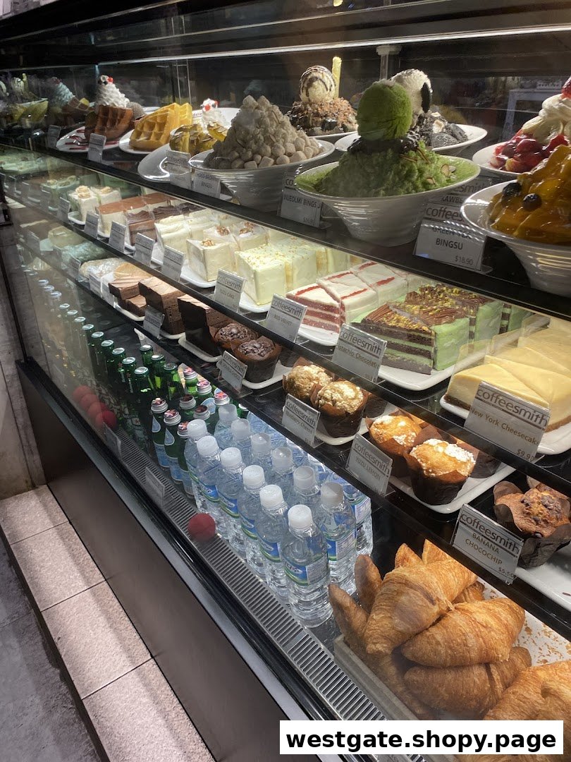 A vibrant display case showcasing various cakes, bingsu, pastries, and beverages at Coffeesmith.