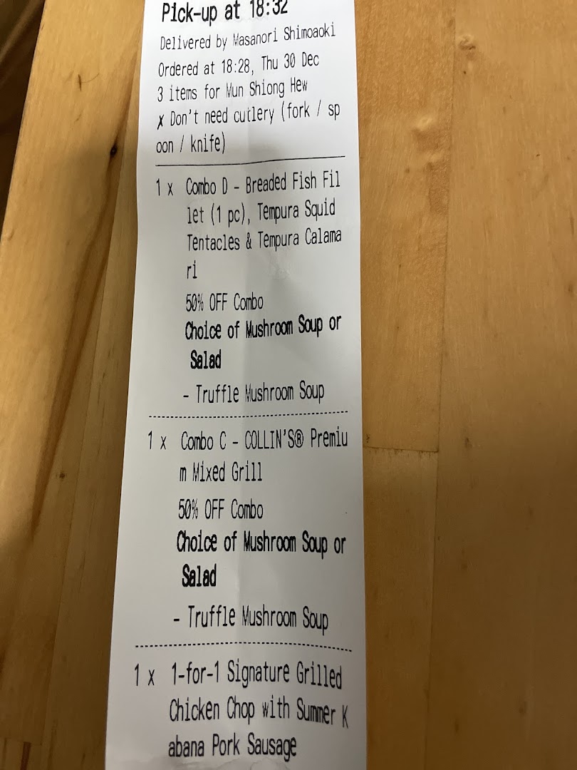 A close-up view of a COLLIN'S® food order receipt showing combo meals and a grilled chicken chop.