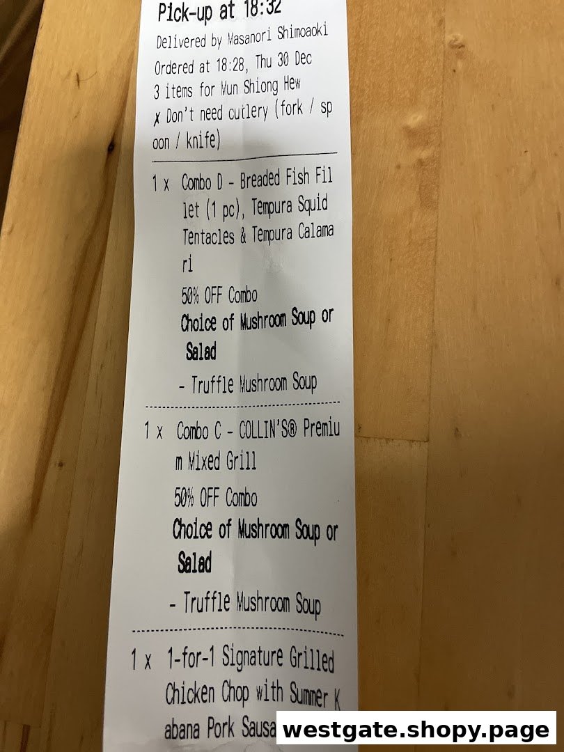 A close-up view of a COLLIN'S® food order receipt showing combo meals and a grilled chicken chop.