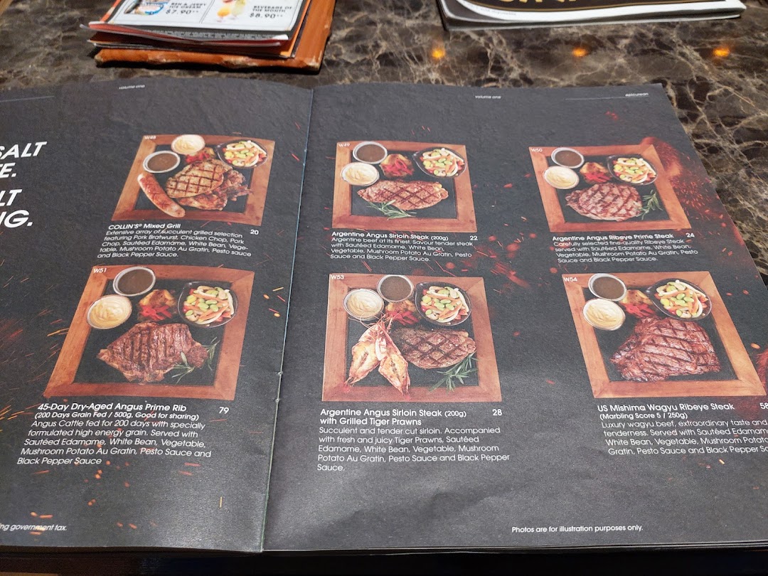 A menu page from COLLINS Westgate showcasing various grilled meat and steak dishes.