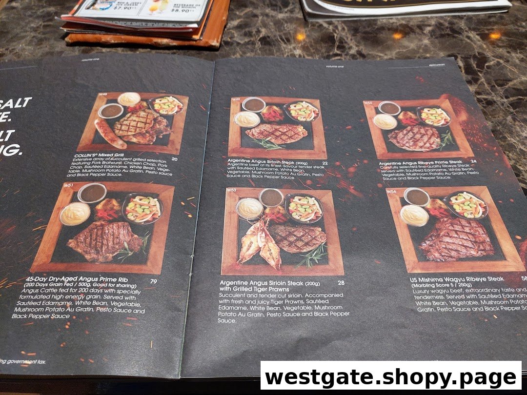 A menu page from COLLINS Westgate showcasing various grilled meat and steak dishes.