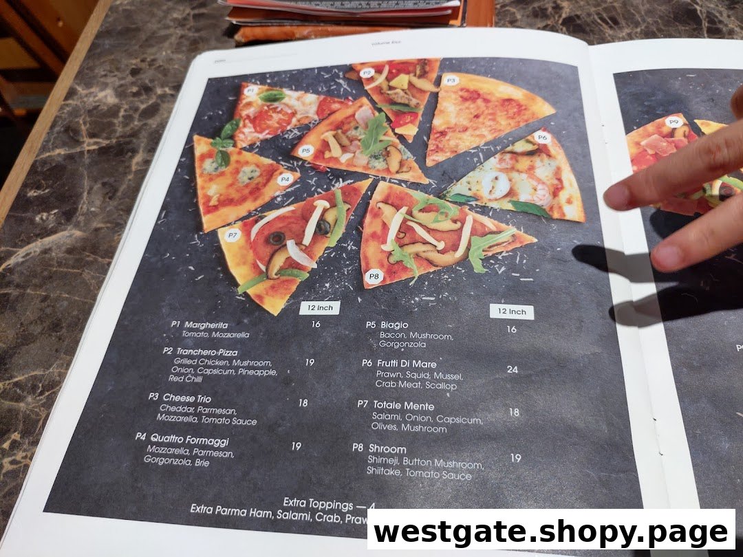 A detailed view of COLLINS' pizza menu, showcasing various pizza options and prices.