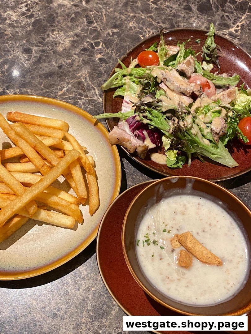 A delicious meal featuring french fries, a fresh salad with chicken, and creamy mushroom soup.