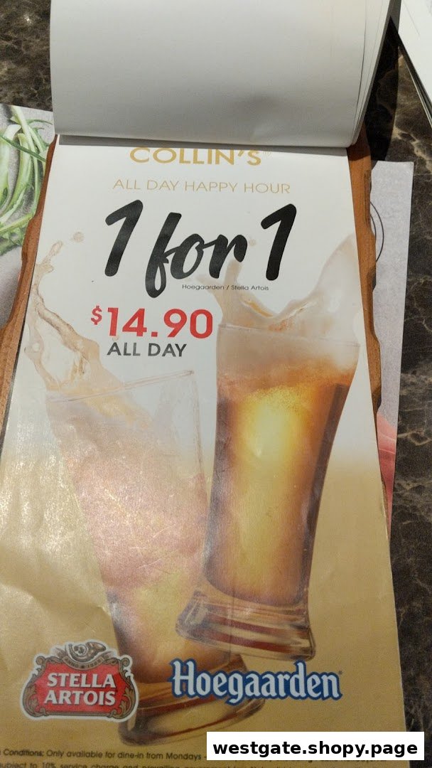 A menu page from COLLIN'S featuring an all-day 1-for-1 happy hour deal on beers.