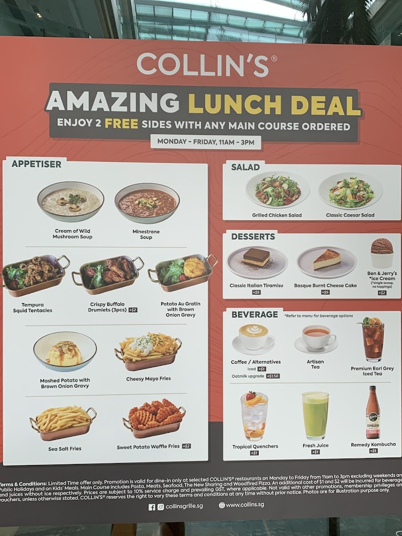 A detailed menu board for COLLIN'S, showcasing their amazing lunch deal and various food and beverage options.