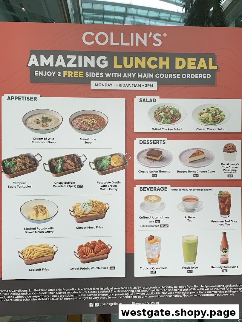 A detailed menu board for COLLIN'S, showcasing their amazing lunch deal and various food and beverage options.