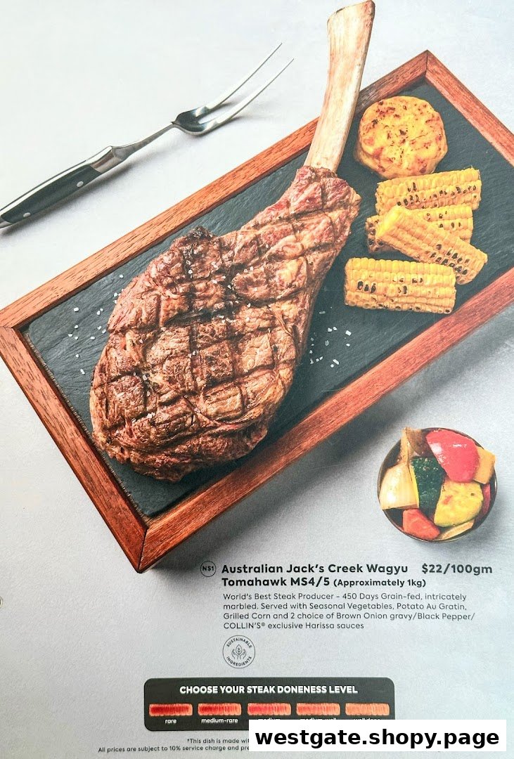 A large grilled Tomahawk steak with sides and menu details from COLLINS.
