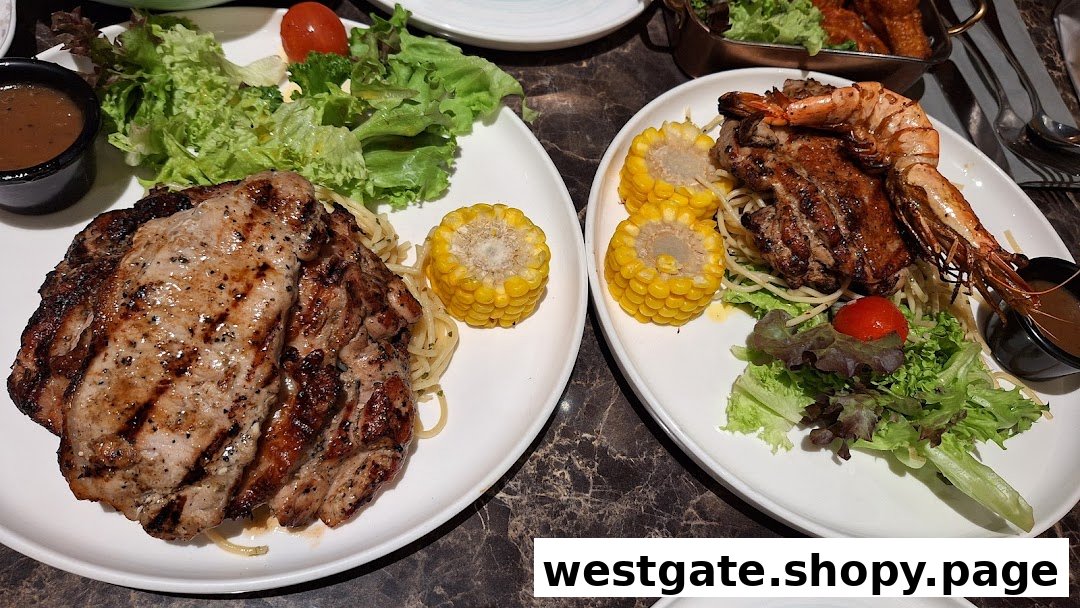 Two plates featuring grilled meats, seafood, pasta, corn, and fresh salads from COLLINS Westgate.