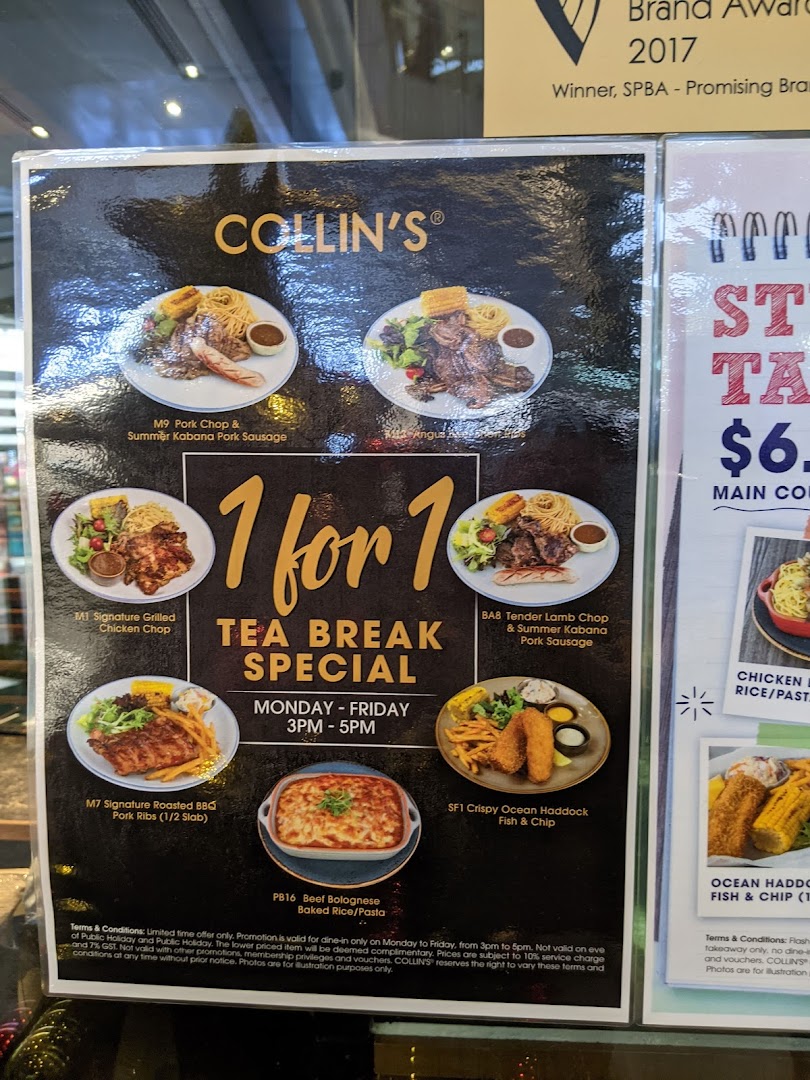 A menu board for COLLIN'S restaurant, featuring a '1 for 1 Tea Break Special' with various main courses.