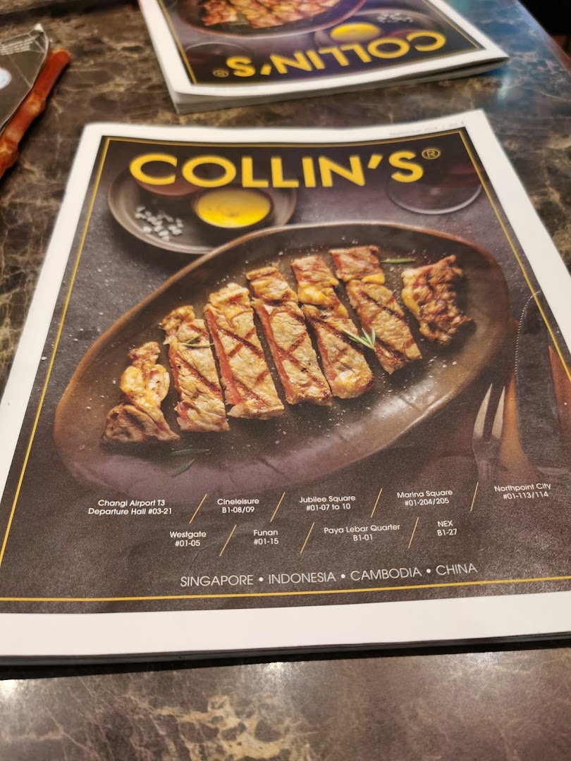 A COLLIN'S brochure cover featuring a grilled steak and listing various outlet locations.