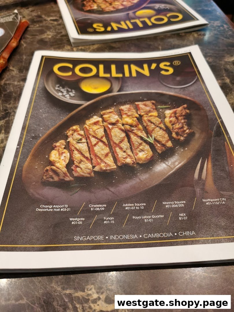 A COLLIN'S brochure cover featuring a grilled steak and listing various outlet locations.