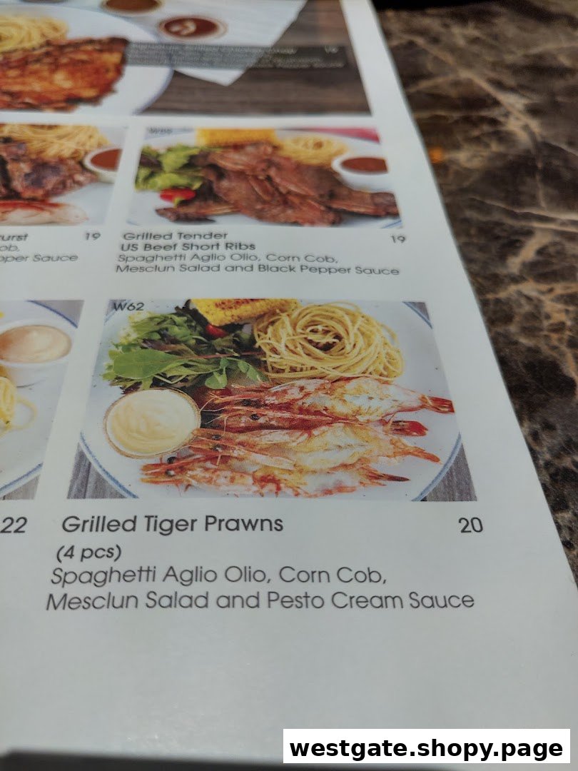 A close-up view of a menu page displaying grilled dishes with their descriptions and prices.