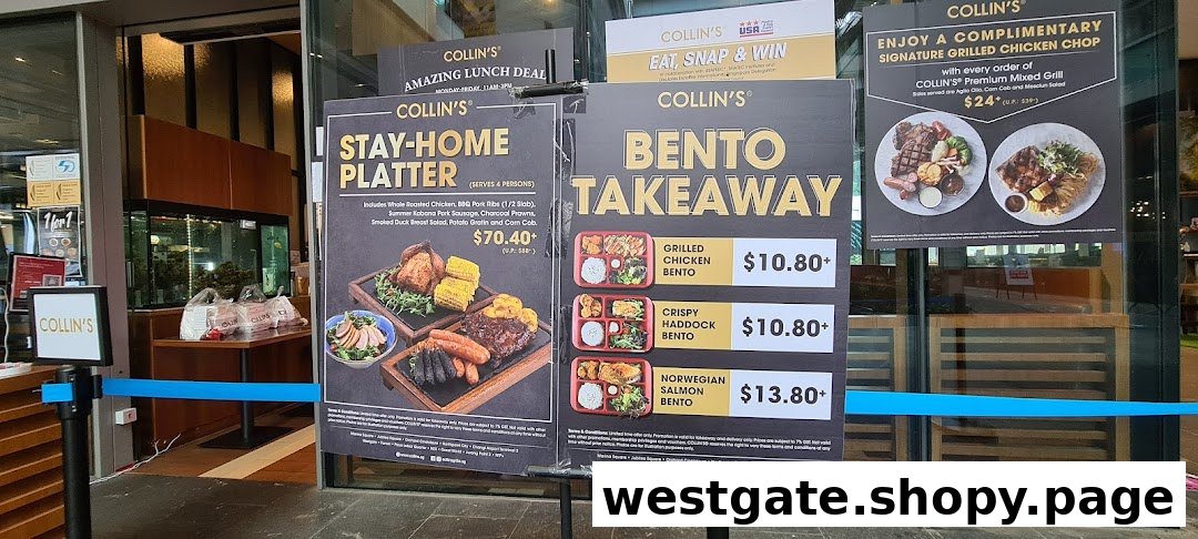 Promotional posters at COLLINS Westgate entrance featuring takeaway bentos, platters, and grill offers.