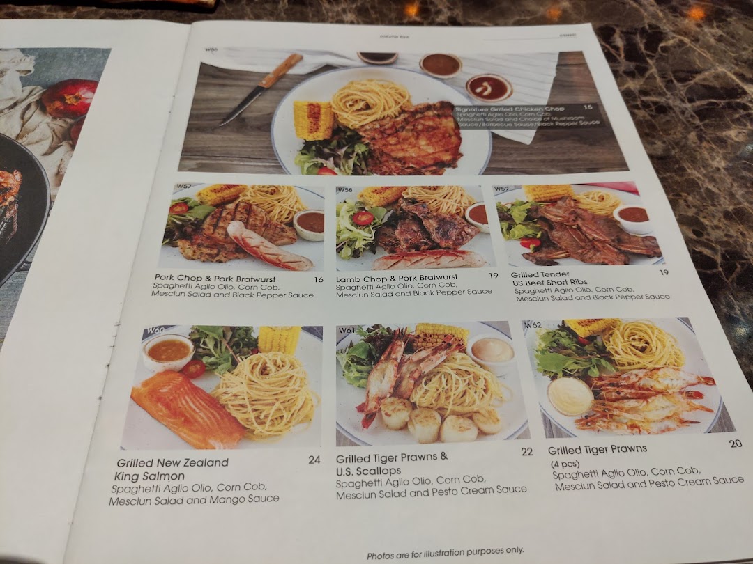 A page from COLLINS Westgate's menu showcasing various grilled main courses.