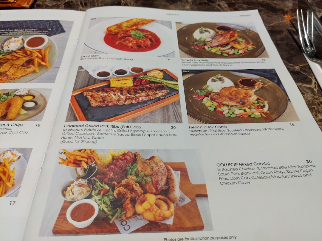 A detailed menu page from COLLINS, showcasing various main courses and sharing platters with prices.