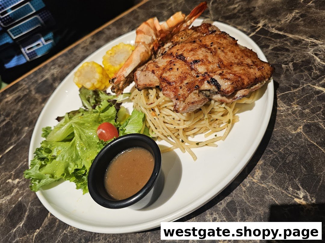 A delicious plate featuring grilled chicken, spaghetti, shrimp, corn, and fresh salad with sauce.