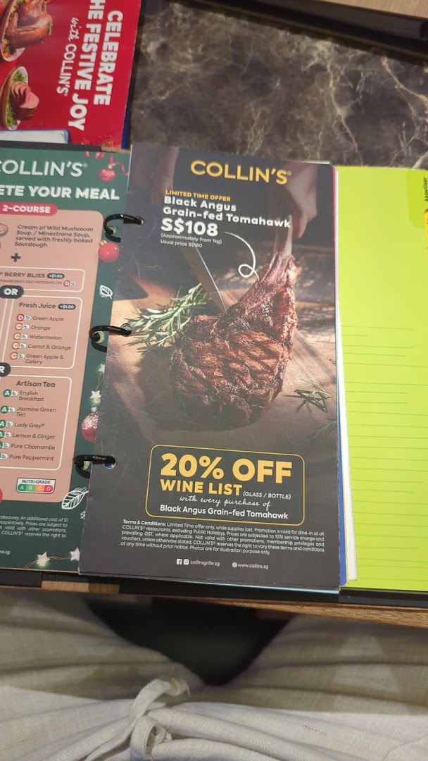 A menu page from COLLIN'S featuring a Black Angus Tomahawk steak promotion and other meal options.