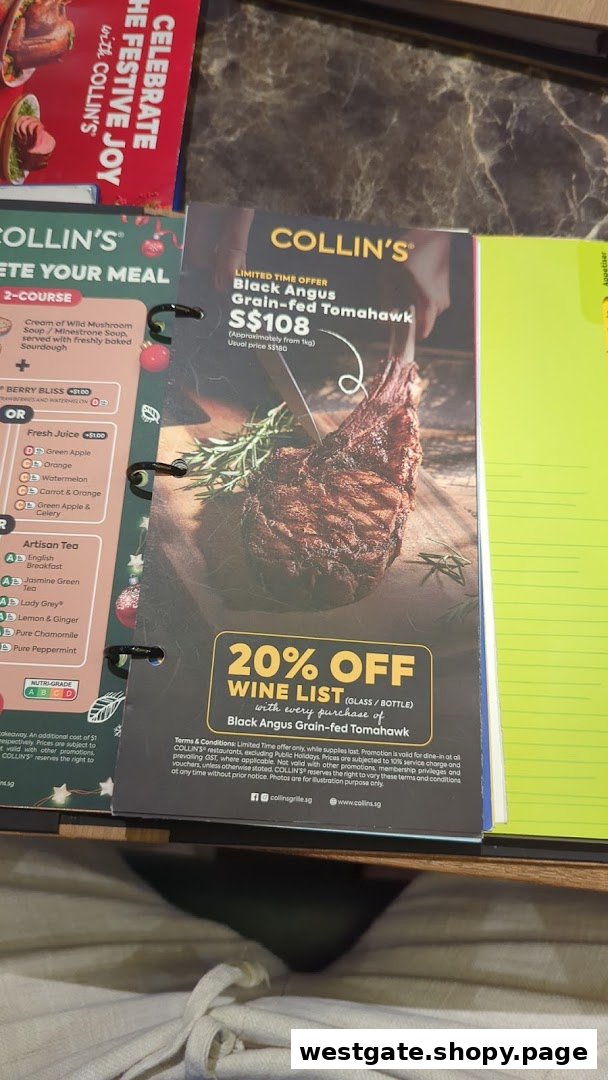 A menu page from COLLIN'S featuring a Black Angus Tomahawk steak promotion and other meal options.