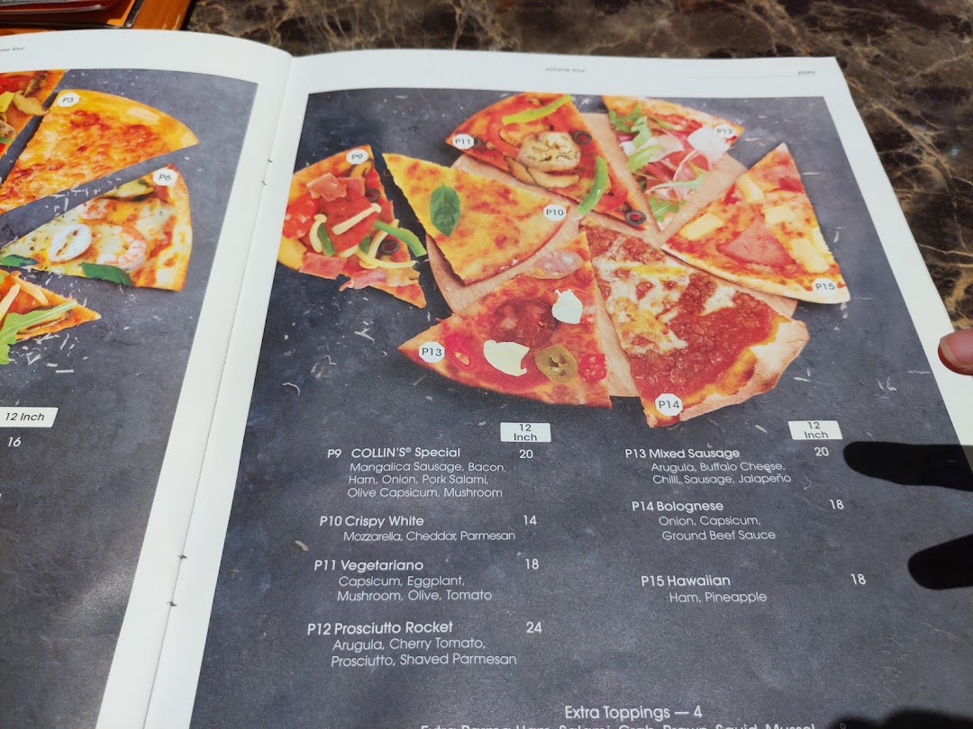 A detailed menu page showcasing various pizza options and their prices.