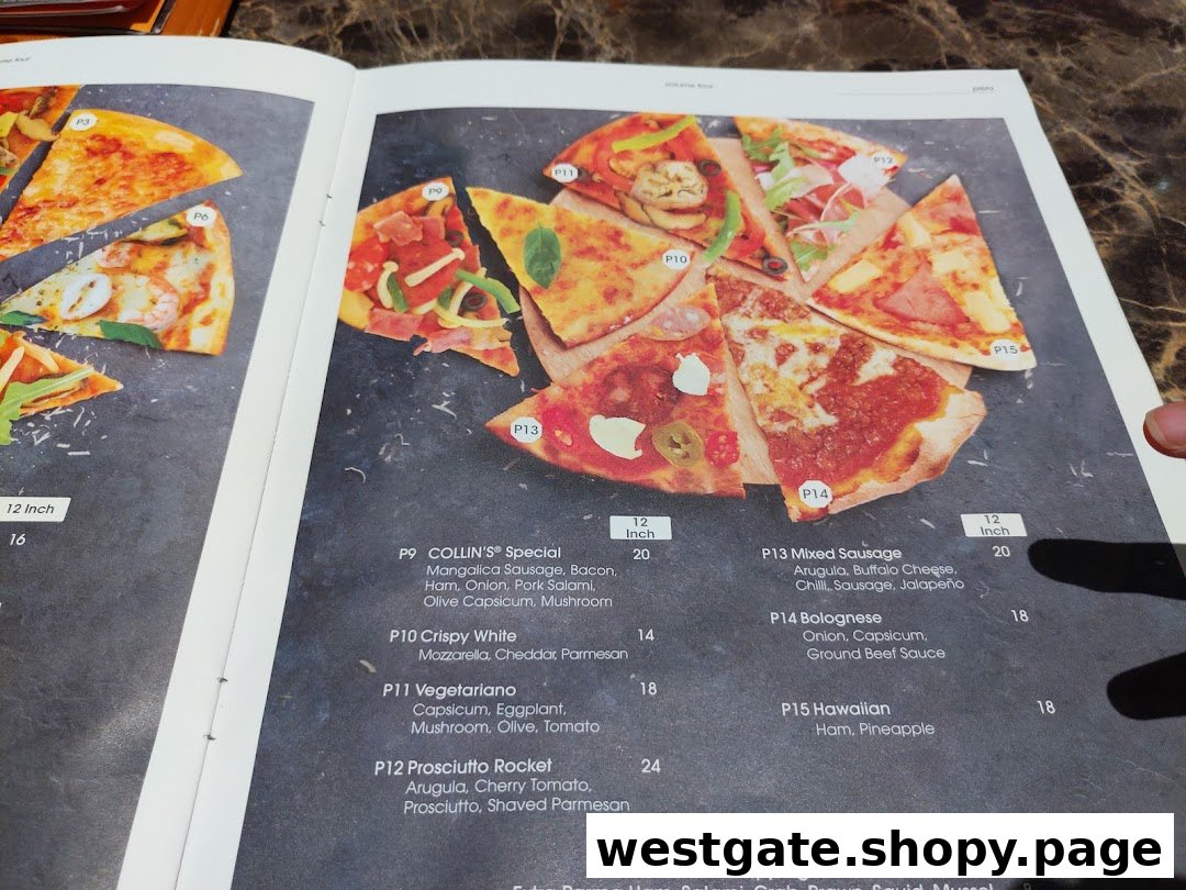 A detailed menu page showcasing various pizza options and their prices.