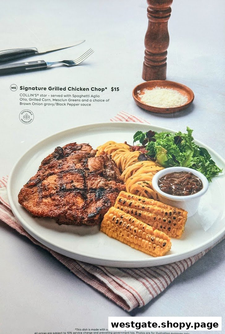 A delicious Signature Grilled Chicken Chop dish with spaghetti, corn, and greens.