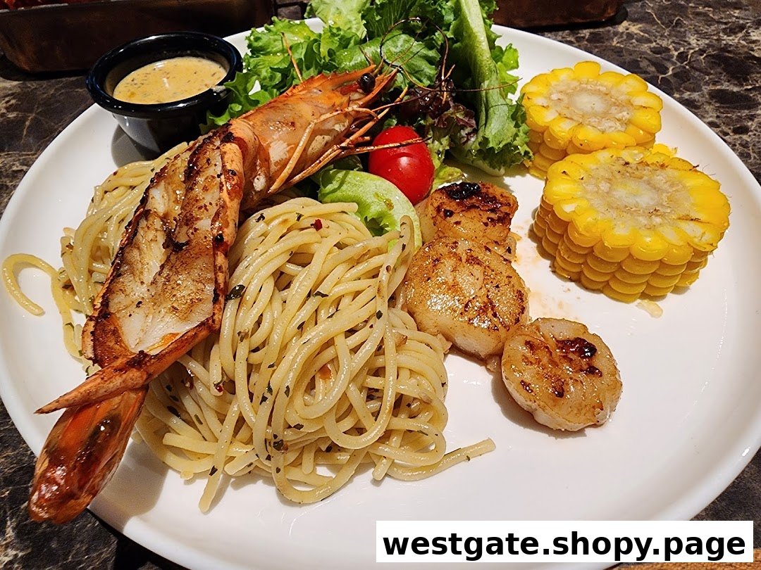A delicious plate featuring grilled prawn, spaghetti, seared scallops, corn, and salad.