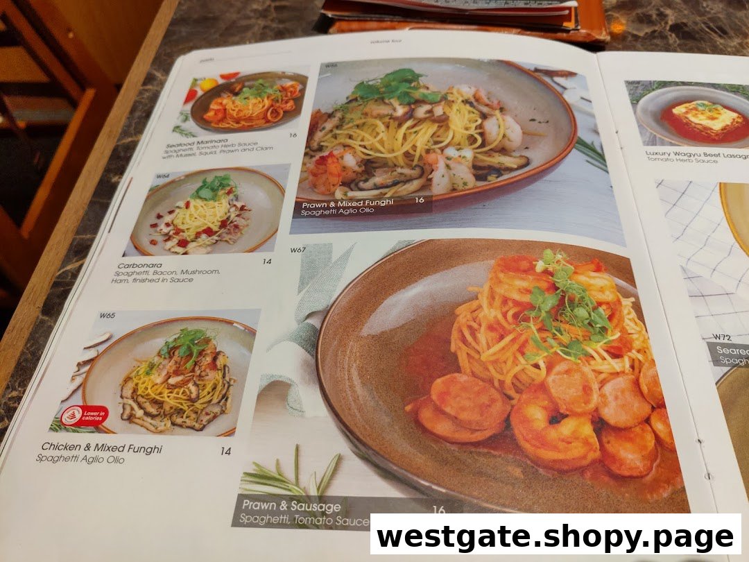 A close-up view of an open menu from COLLINS, showcasing various pasta dishes with images and prices.