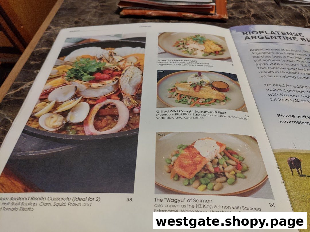 A restaurant menu displaying various seafood and fish dishes with descriptions and prices.