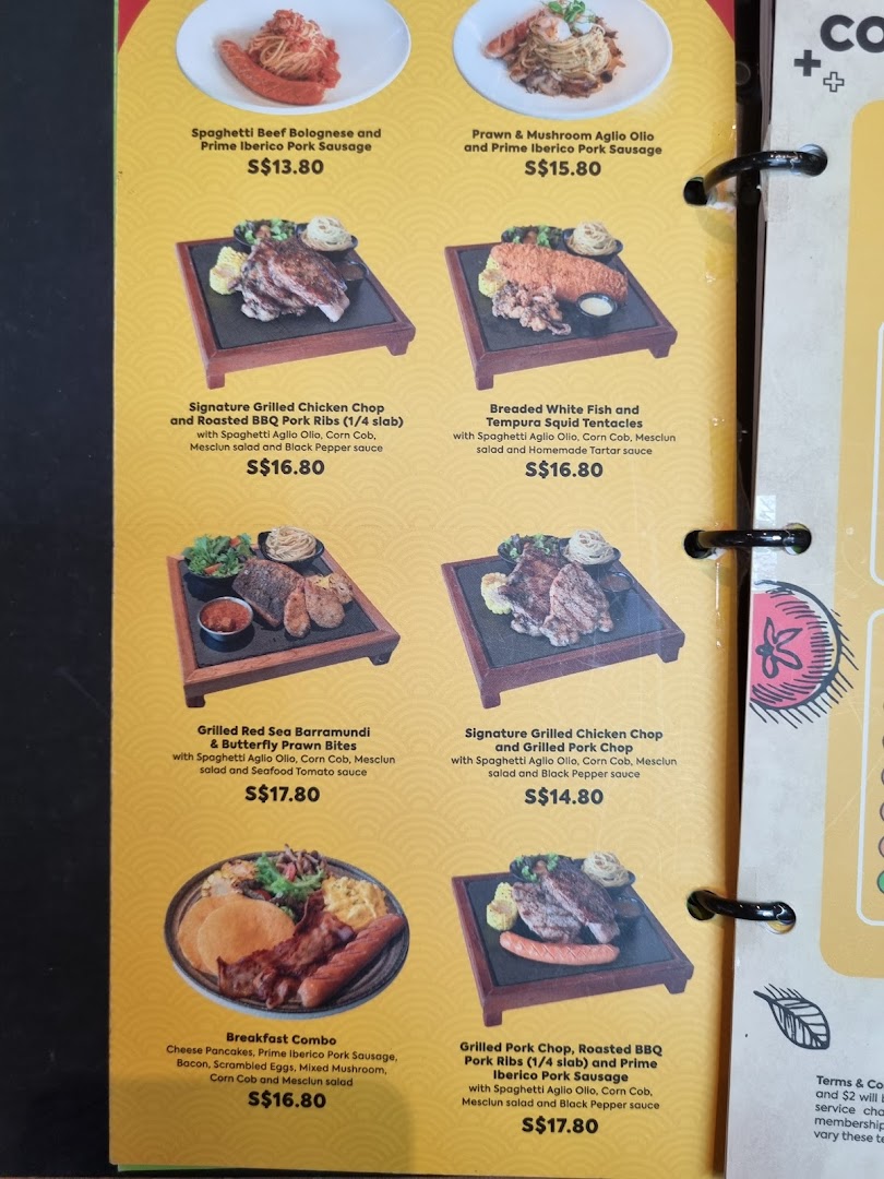 A detailed menu page from COLLINS Westgate showcasing various Western main courses and a breakfast combo.
