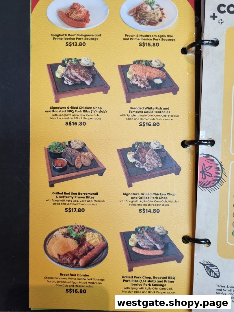 A detailed menu page from COLLINS Westgate showcasing various Western main courses and a breakfast combo.