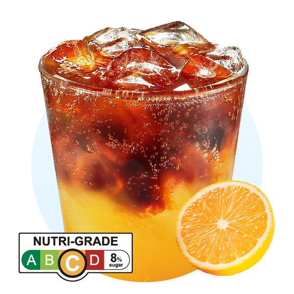 A vibrant iced coffee drink with orange juice and ice, accompanied by a fresh orange slice.