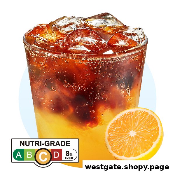 A vibrant iced coffee drink with orange juice and ice, accompanied by a fresh orange slice.