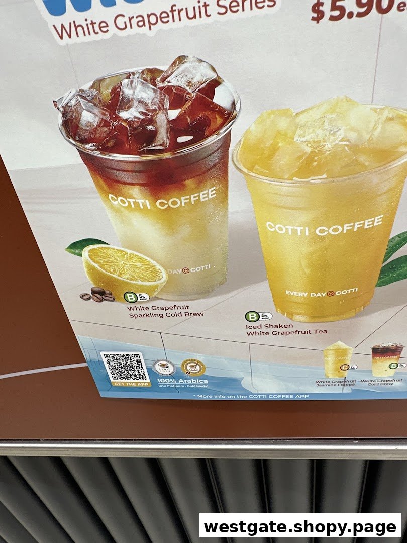 A menu board showcasing Cotti Coffee's White Grapefruit Series drinks, including cold brew and iced tea.