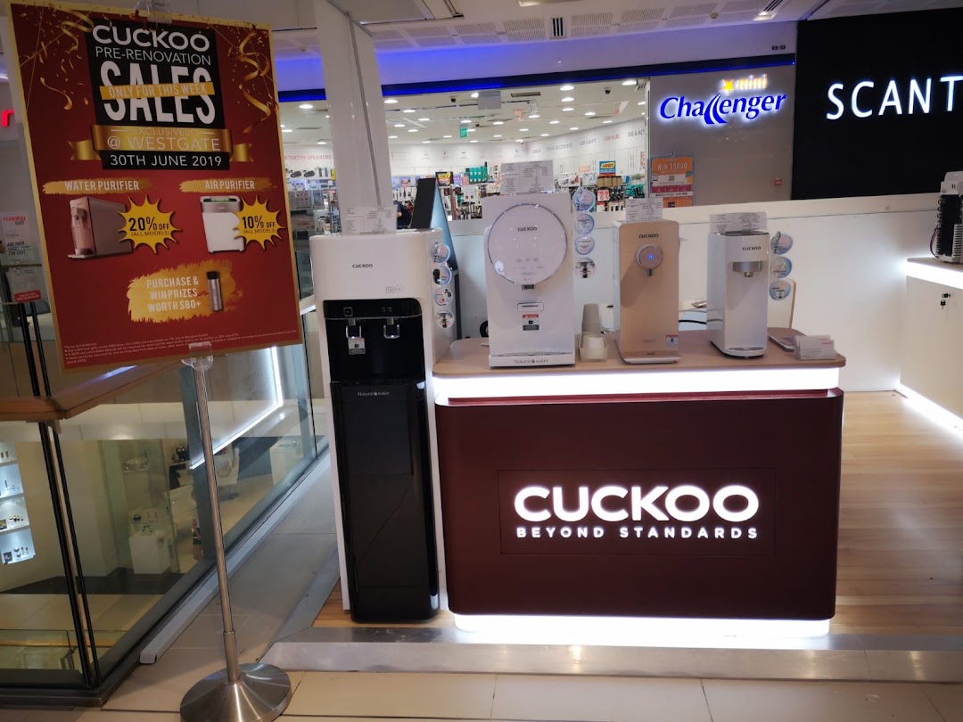 CUCKOO Brandstore display featuring water and air purifiers with a pre-renovation sales promotion.