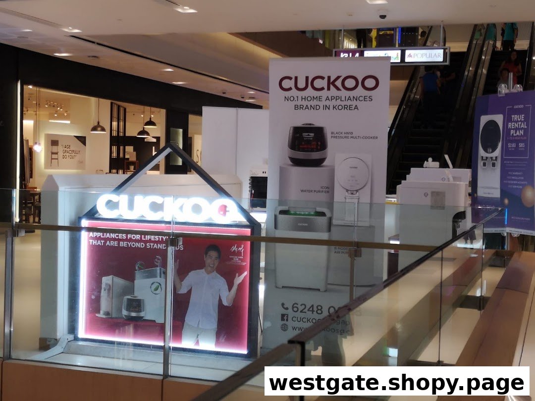 A CUCKOO brand display showcasing Korean home appliances like water purifiers and multi-cookers in a mall.