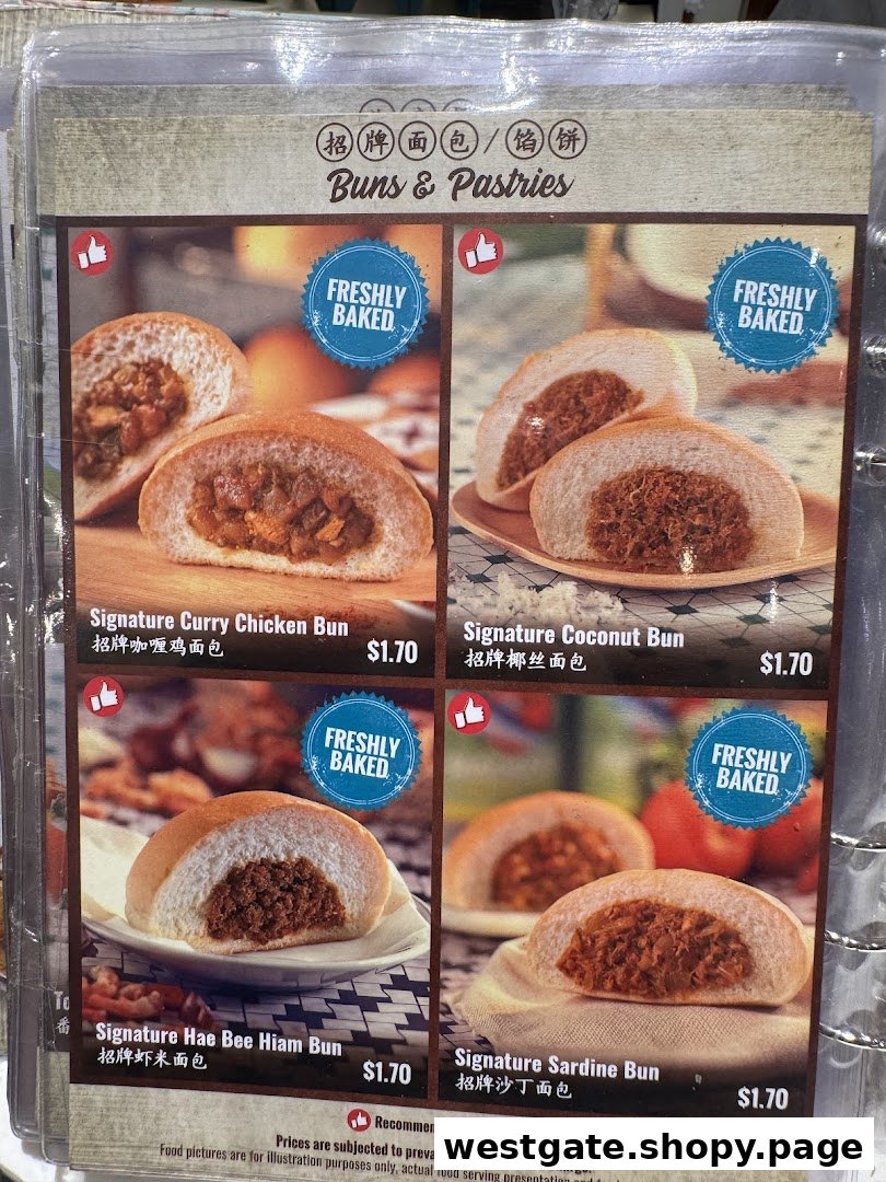 A menu displaying various freshly baked buns and pastries with their names and prices.