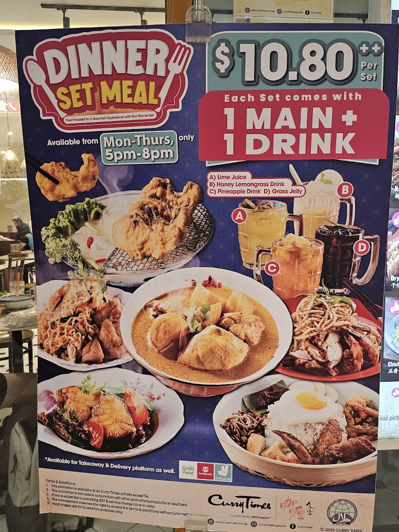 A promotional poster for Curry Times' Dinner Set Meal featuring various main dishes and drinks.