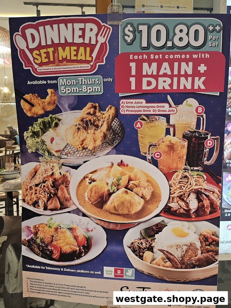 A promotional poster for Curry Times' Dinner Set Meal featuring various main dishes and drinks.