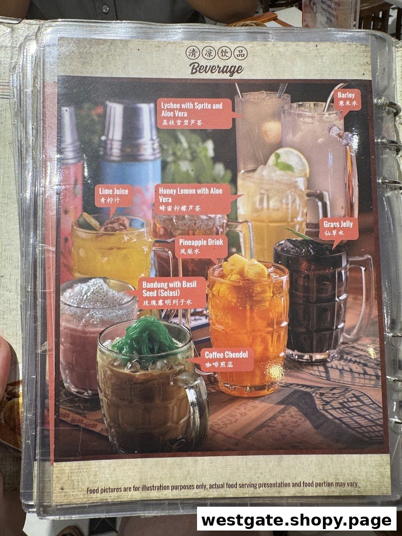 A vibrant menu page showcasing various refreshing beverages offered at Curry Times.