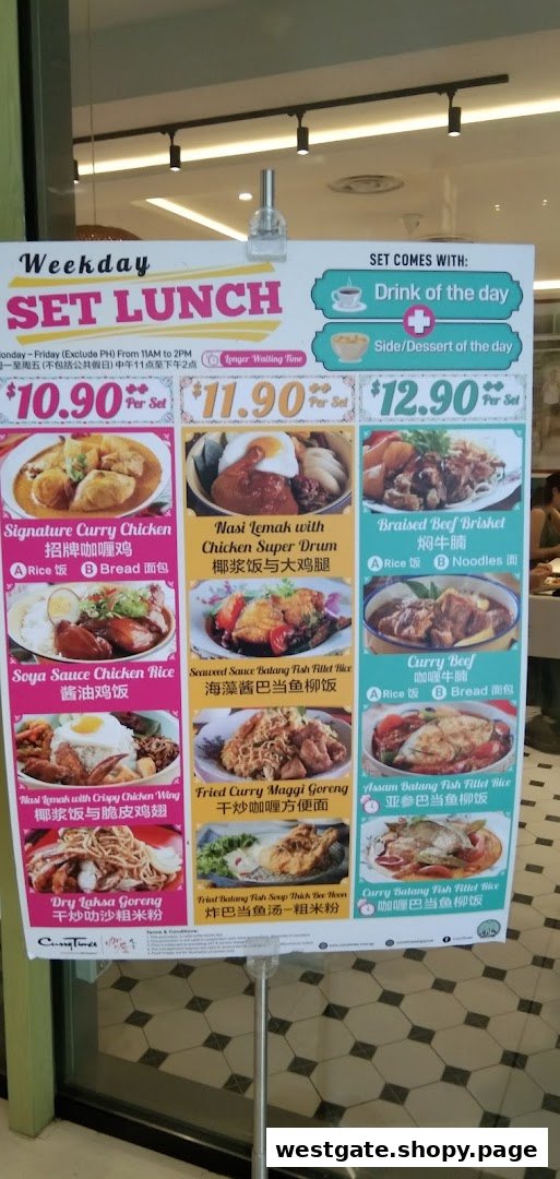A vibrant menu board showcasing Curry Times' Weekday Set Lunch options with prices and dish images.