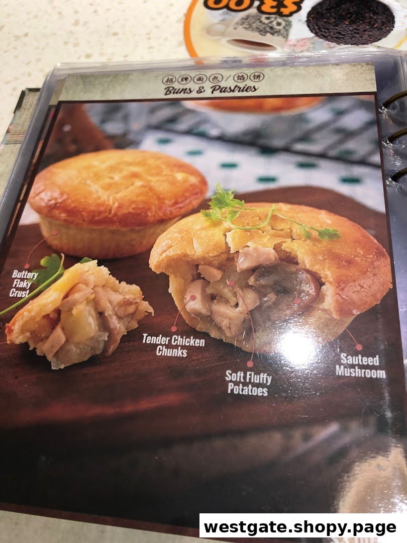 A menu page showcasing a savory chicken pie with detailed ingredient descriptions.