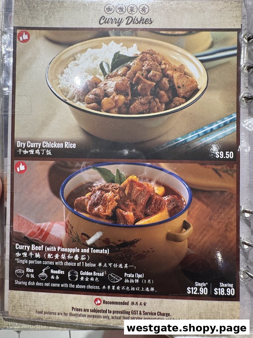 A menu page from Curry Times featuring Dry Curry Chicken Rice and Curry Beef dishes.