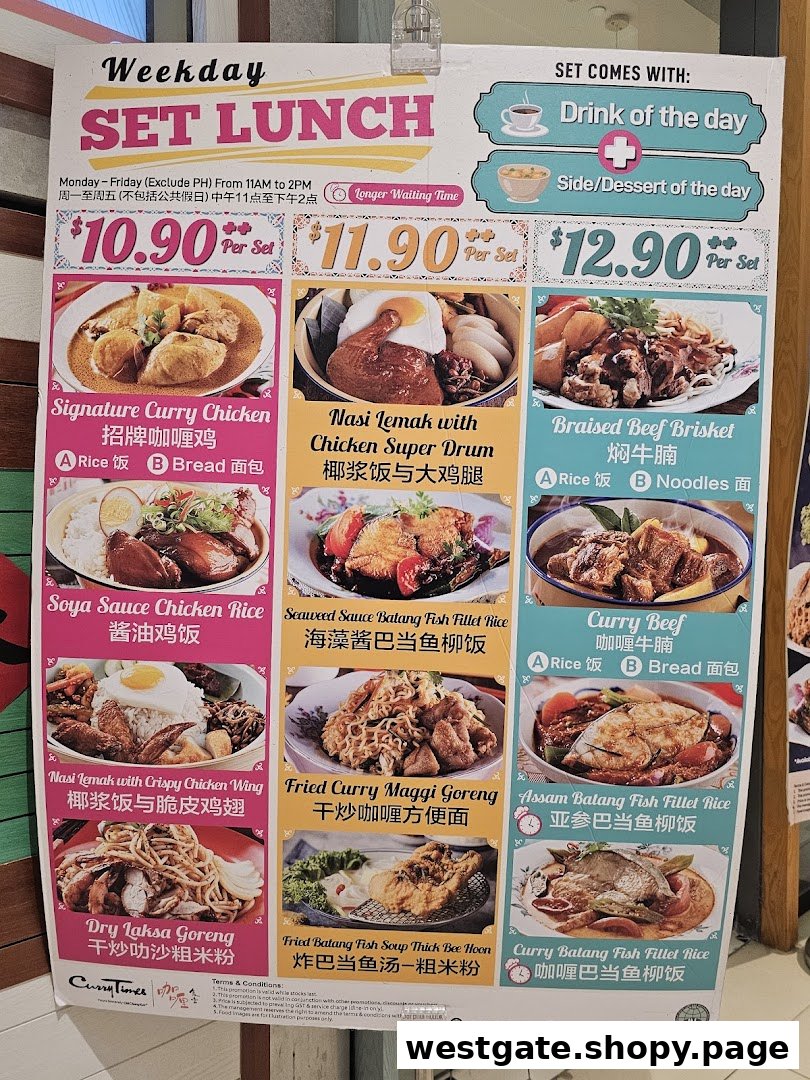 A vibrant menu board displaying Weekday Set Lunch options with various curry and local dishes.