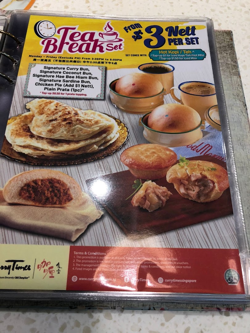 A menu page showcasing Curry Times' Tea Break Set with various buns, prata, and drink options.
