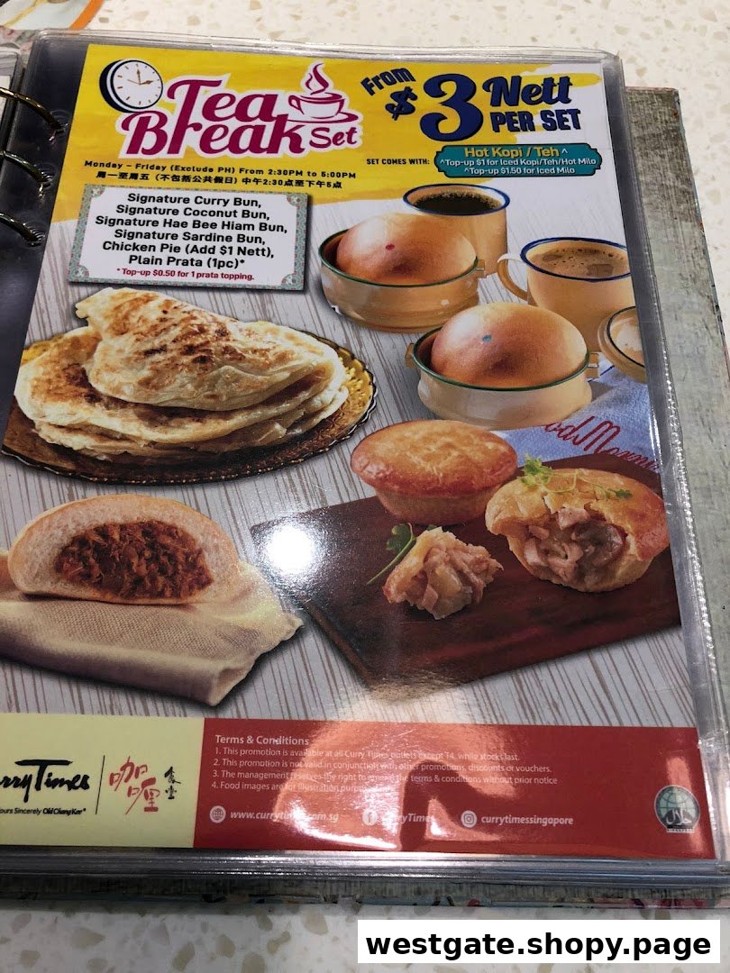 A menu page showcasing Curry Times' Tea Break Set with various buns, prata, and drink options.