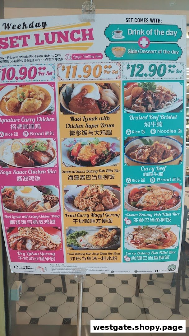 A menu board displaying Curry Times' weekday set lunch options with prices and food images.