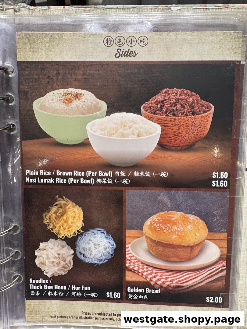 A menu page from Curry Times showcasing various side dishes like rice, noodles, and golden bread.