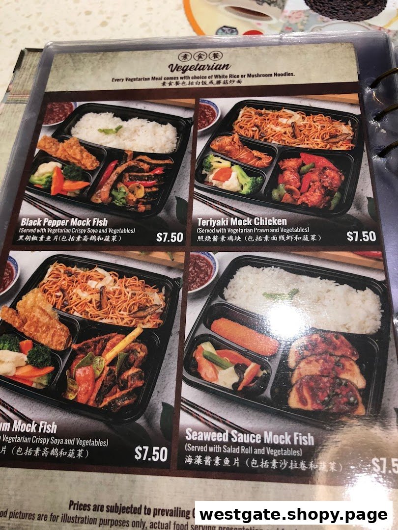 A menu page displaying various vegetarian mock meat bento sets with prices.
